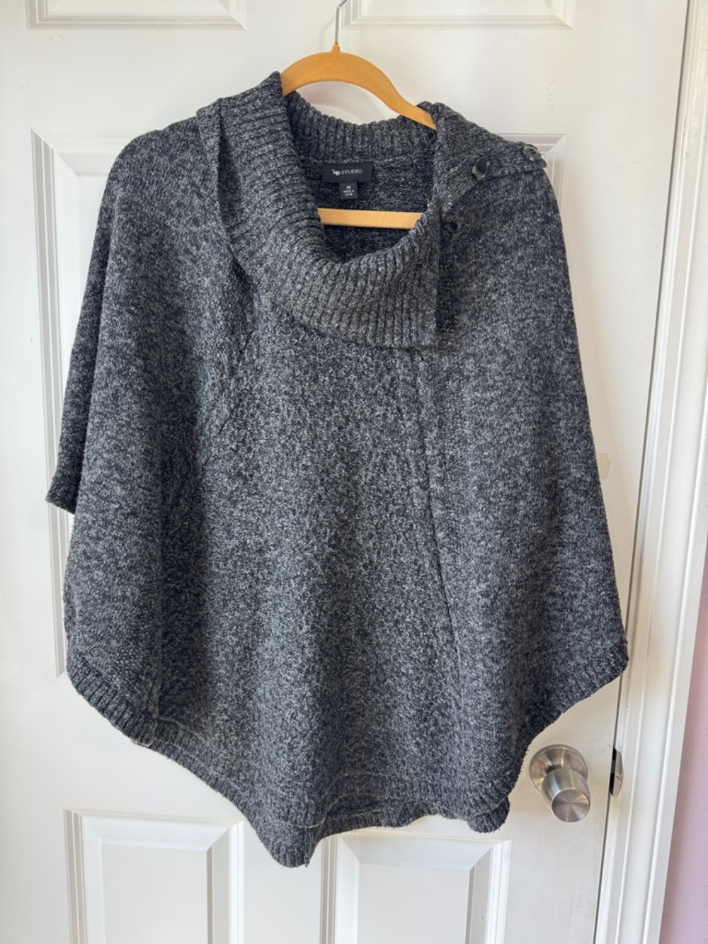 AB Studio Charcoal Gray Knit Cowl Neck Poncho with Button Detail